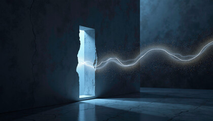 Abstract open door with glowing energy, mysterious mood, illuminated space, dark background
