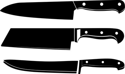 Three different black knives are arranged neatly, showing kitchen tools used for cutting and food preparation, silhouette
