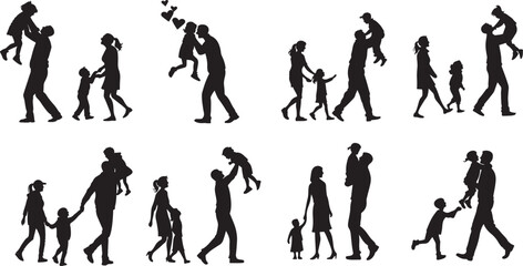 Family Silhouette Vector – Parents holding children, walking, hugging, or playing