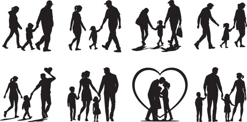 Family Silhouette Vector – Parents holding children, walking, hugging, or playing