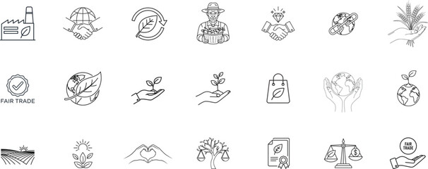 Fair Trade, Sustainability line icon set. Vector pictograms of ethical practices, eco-friendly initiatives, global responsibility, thin linear illustration.
