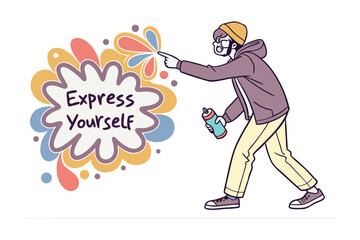 A young boy wearing a blue baseball cap and grey sweatshirt points aggressively towards vibrant graffiti art that says express yourself