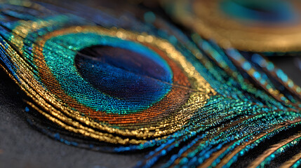 Fototapeta premium Stylish dark feather texture background. Colorful peacock feathers, Shallow Dof. Peacock feather , close up of black and gold feathers background. Top view