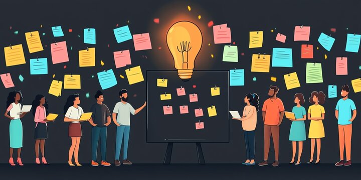 Team brainstorming ideas, sticky notes, innovation