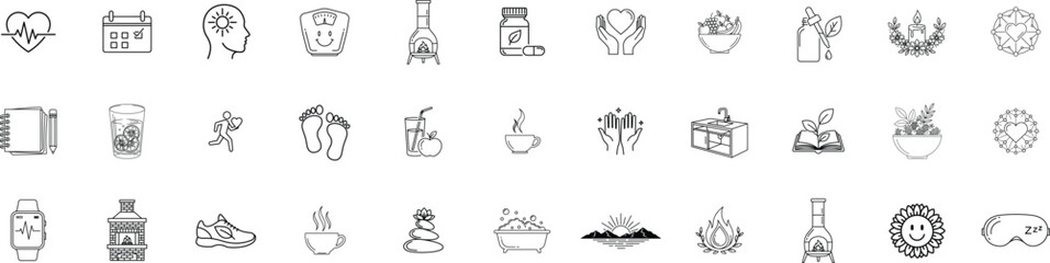 Wellness, Self-Care line icon set. Vector pictograms of mental clarity, fitness, nutrition, relaxation, meditation, mental health, stress relief, body-mind connection thin linear illustration.

