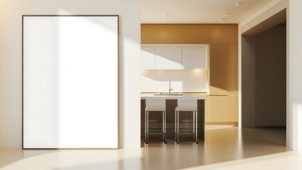 Interior view with large blank framed canvas and kitchen