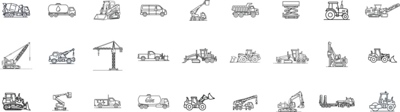 Construction vehicle line icon set. Vector pictograms of bulldozer, loader, grader, paver, roller, lowboy hauler, utility, concrete mixer, thin linear illustration.

