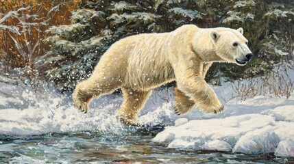 Polar Bear Running Through a Snowy Forest Landscape in Winter Scene