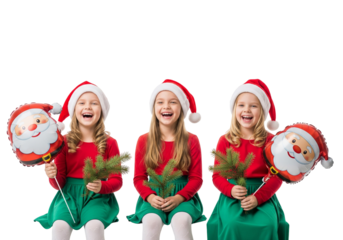 Group of children in Christmas costumes isolated on transparent background