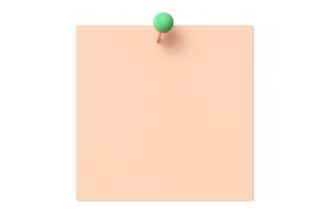 Blank peach-colored note fastened by green pushpin, floating against transparent surface, ready for graphic design compositions
