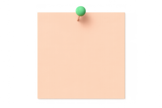 Blank peach-colored note fastened by green pushpin, floating against transparent surface, ready for graphic design compositions