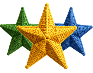 3 knitted, colorful stars, isolated on a transparent background, PNG file