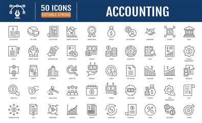 Accounting Line Icon Set. Includes Finance, Tax,
Audit, Invoice, Business Reports, and More.
Vector Illustration with Editable Strokes