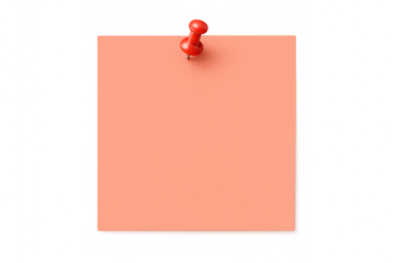 Coral paper note secured by red pushpin, floating against transparent backdrop, perfect for graphic design layouts