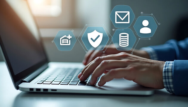 Hands typing on a laptop keyboard with overlay digital security icons and data symbols, emphasizing modern cyber protection and information storage concepts