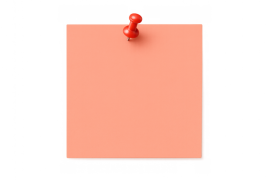 Coral paper note secured by red pushpin, floating against transparent backdrop, perfect for graphic design layouts