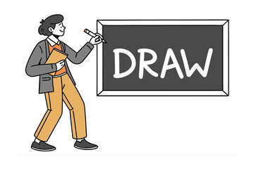 Artist and the Art of 'Draw': An artist stands before the blackboard, the word 