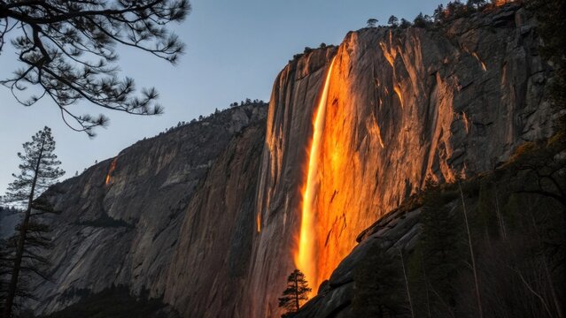Fiery Horsetail Fall Sunset: Dramatic Yosemite Valley Waterfall, Golden Hour Landscape Photography

