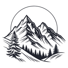 Obraz premium Monochrome Vintage Mountain Range Illustration with Pine Trees and Sun