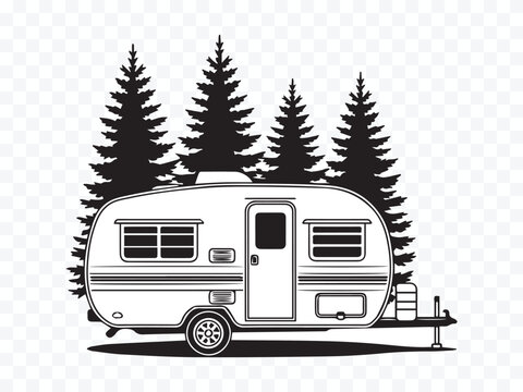 vintage camper trailer vector with pine forest backdrop for outdoor adventure and travel design projects