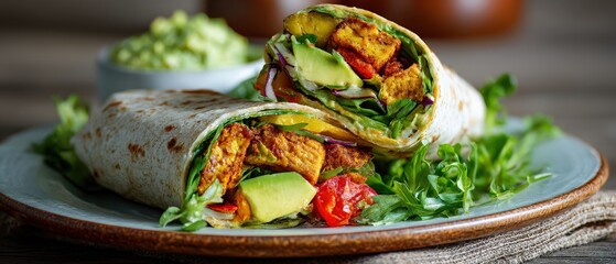 Delicious vegetarian wrap filled with seasoned tofu, avocado, and fresh greens.