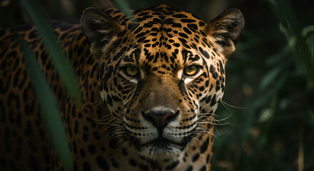 Jaguar portrait with yellow eyes in green foliage