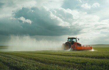 Fototapeta premium Tractor spraying fertilizer on a green field under a dramatic sky, showcasing modern agricultural practices and sustainable farming