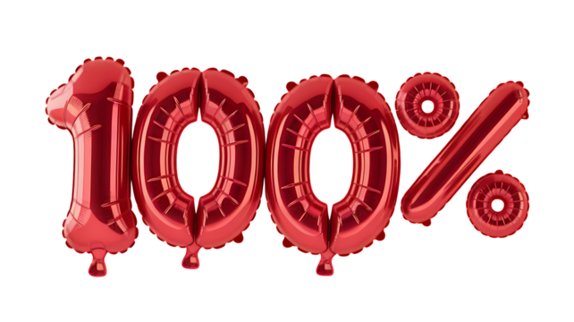 Shiny red balloons forming 100 percent symbol