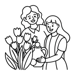 Happy Mother's Day. Vector cute illustrations of mother, grandmother and daughter hugging, watering can with tulip flowers, leaf for greeting card, poster or background