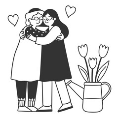 Happy Mother's Day. Vector cute illustrations of mother, grandmother and daughter hugging, watering can with tulip flowers, leaf for greeting card, poster or background