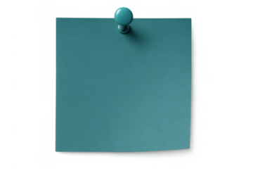 Teal adhesive note secured by coordinating pin, resting on clear surface, perfect for graphic design layouts