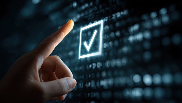 Finger pointing at a glowing checkmark on a digital screen filled with data