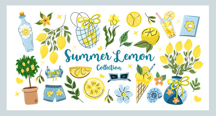 Whimsical lemon themed vector set in dopamine summer style citrus drinks, cute outfits, fresh greenery, and playful hand drawn details for vibrant creative projects.