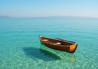 Naklejka premium Wooden rowboat floating on clear turquoise water