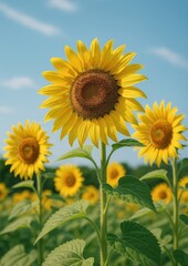 Fototapeta premium Vibrant sunflowers under clear sky.