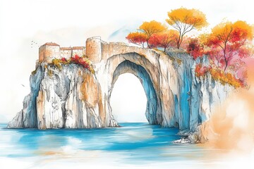 Fortress Seacoast Illustration Pastel Colour Drawing