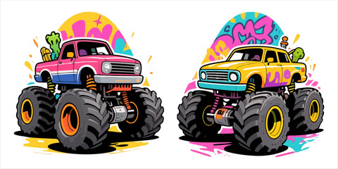 Vector art of two monster trucks with colorful paint © Sraboni