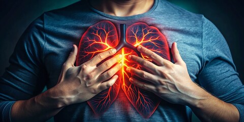 Nighttime Close-up: Hand on Chest, Red Lung Graphic Shirt - Lung Health Awareness