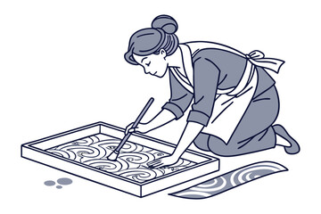 A charming cartoon illustration of a person dressed in traditional korean attire diligently practicing calligraphy with ink and brush