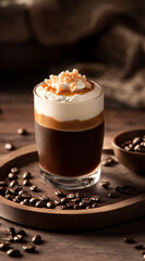 An ultra-realistic photograph of the Mocha coffee cocktail in its signature glass, with layers of cream and caramel on top. 
