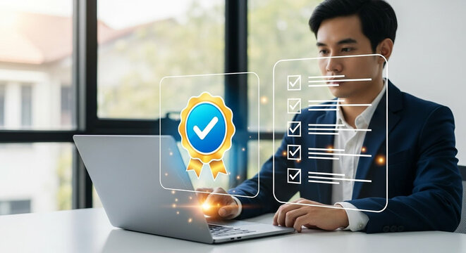 Man in suit using laptop with digital checklist and award badge