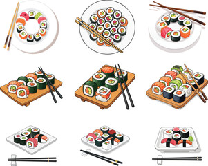 Assorted Sushi Rolls and Nigiri with Chopsticks on Plates and Wooden Boards &ndash; Japanese Cuisine Illustration