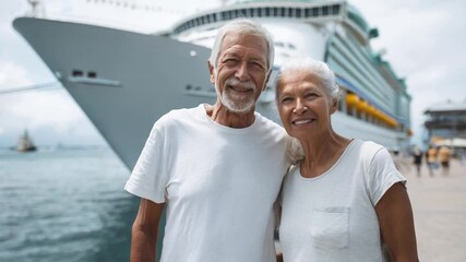 Senior couple enjoying cruise vacation. Elderly man woman smiling together. Happy retirement travel lifestyle concept. Golden years cruise ship background adventure.