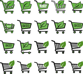 Eco-Friendly Shopping Cart Icons: Sustainable Consumption, Green Market, and Environmental Awareness Vector Set