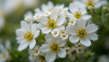 Close-up of Tiny White Flowers with Yellow and Purple Cores