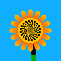 Summer sunflower design for invitations, cards or banners. Colorful background with sunflower plant in the center. Flat vector illustration on blue sky background.