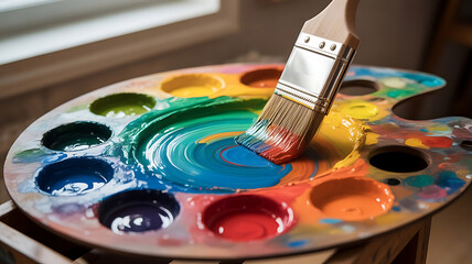 Fototapeta premium Art palette and brush on Abstract lights Background, swirling colors on a painter's palette, where a paintbrush is mid-stroke, blending hues of colors, created with generative ai