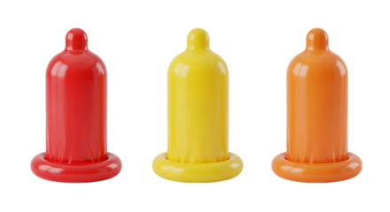 Three colorful, vibrant, glossy condoms stand on a black backdrop, radiating a playful, protective