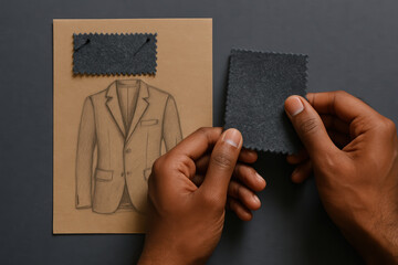 Dark fabric swatch held by hands over kraft paper with blazer sketch, textile material selection for tailoring and fashion design