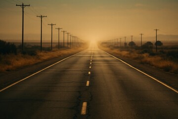 Fototapeta premium Long desert highway with heat mirage and distant cars, evoking travel, solitude, and summer road trips.